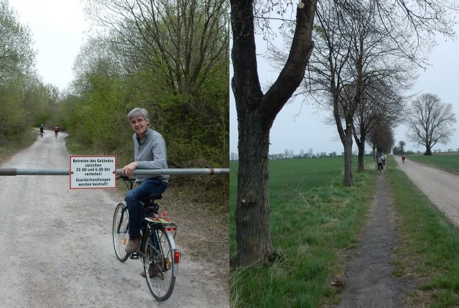 Links: Olaf Meister an der Schranke zum Abenteuerspielplatz. Rechts: Radweg zwischen Neu Königsaue und der B 180.