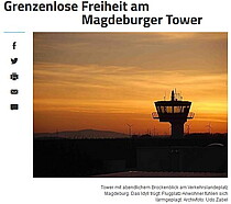 Screenshot Volksstimme-Artikel zum Ratsdebatte Fluglärm mit Bild vom Tower im Abendrot.
