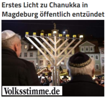 Screenshot Volksstimme-Artikel zum öffentlichen Entzünden des Chanukkalichtes in Magdeburg.
