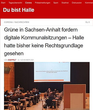 Screenshot Artikel dubisthalle.de PM Olaf Meister zu digitalen Ratssitzungen.