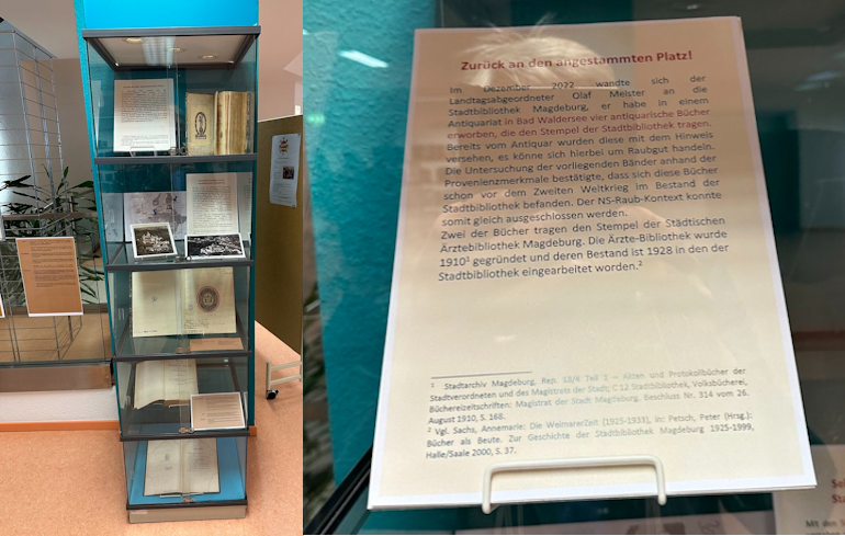 Vitrine mit den zurückgegebenen Büchern mit Begleittext Vitrine mit den zurückgegebenen Büchern mit Begleittext