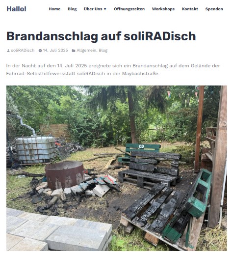 Screenshot vom Blog auf der Seite von SoliRadisch über den Brandanschlag.