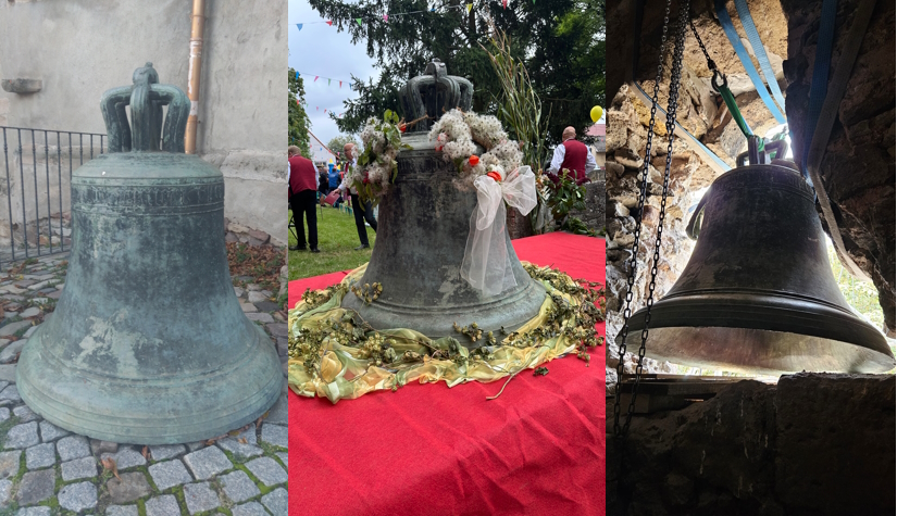 Die Glocke von Nohra: Links hinter der Johanneskirche in Magdeburg, Mitte Glocke in Nohra festlich geschmückt auf einer roten Unterlage und rechts beim Einschwecken in die geweitete Öffnung des Kirchturmes in Nohra.