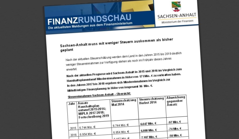 Pressemitteilung von Finanzminister Bullerjahn zur Steuerschätzung.