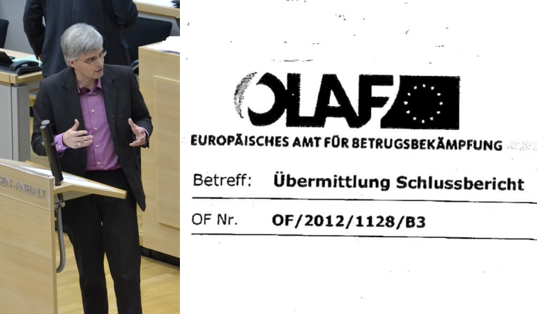 Fotomontage Olaf Meister im Plenarsaal und Titelblatt OLAF-Bericht. Fotomontage Olaf Meister im Plenarsaal und Titelblatt OLAF-Bericht.