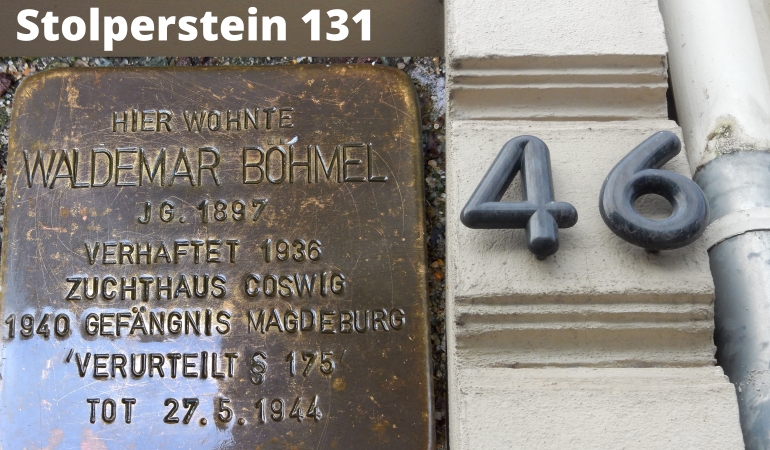 Fotomontage Stolperstein 131 Waldemar Böhmel und Hausnummer 46 in der Otto-von-Guericke-Str. 46. Fotomontage Stolperstein 131 Waldemar Böhmel und Hausnummer 46 in der Otto-von-Guericke-Str. 46.