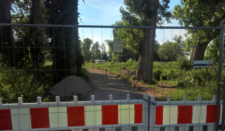 Baustelle Elberadweg zwischen den zwei Bäumen am Südeingang Fermersleber Hafen.