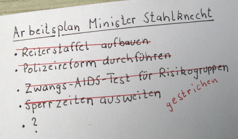Fiktiver Arbeitsplan von Minister Stahlknecht mit seinen gescheiterten Vorhaben. Fiktiver Arbeitsplan von Minister Stahlknecht mit seinen gescheiterten Vorhaben.