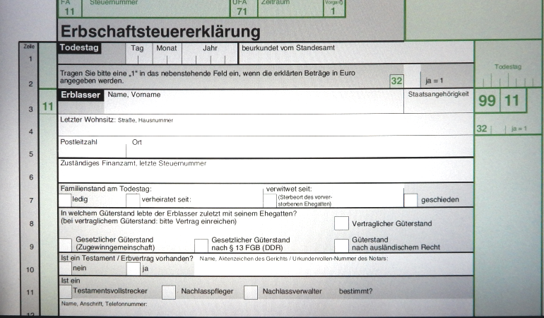 Titelseite Erbschaftssteuererklärung. Titelseite Erbschaftssteuererklärung.