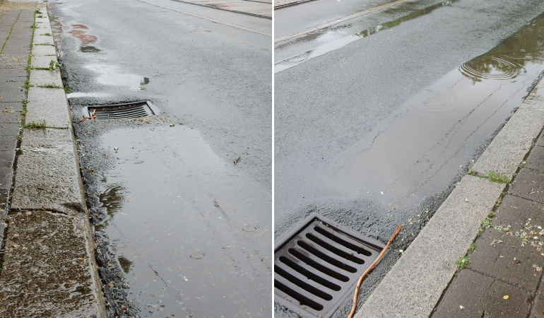 Wasser steht vor dem Gully an der Haltestelle Salbker Platz. Wasser steht vor dem Gully an der Haltestelle Salbker Platz.