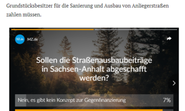 Screenshot Artikel zur Landtagsdebatte um die Straßenausbaubeiträge.