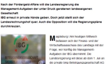 Screenshot (geändert) Volksstimme-Artikel zur Vergabe des IBG-Managements.