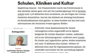 Screenshot Artikel aus Die Zeit zum Nachtragshaushalt der Landesregierung.