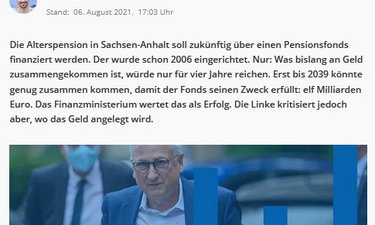 Screenshot MDR Artikel zum Stand der Pensionskasse des Landes Sachsen-Anhalt.