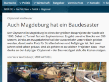 Screenshot Website mdr Aktuell - Artikel zum Bau- und Finanzdesaster am Bahnhofstunnel.