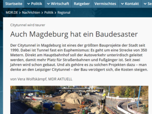 Screenshot Website mdr Aktuell - Artikel zum Bau- und Finanzdesaster am Bahnhofstunnel.