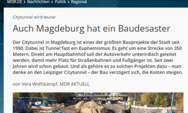 Screenshot Website mdr Aktuell - Artikel zum Bau- und Finanzdesaster am Bahnhofstunnel.