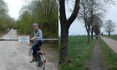 Links: Olaf Meister an der Schranke zum Abenteuerspielplatz. Rechts: Radweg zwischen Neu Königsaue und der B 180.