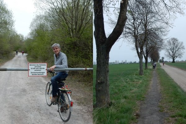 Links: Olaf Meister an der Schranke zum Abenteuerspielplatz. Rechts: Radweg zwischen Neu Königsaue und der B 180.