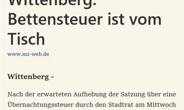 Screenshot Artikelanfang Mitteldeutsche Zeitung Wittenberg zur Abschaffung der Bettensteuern.