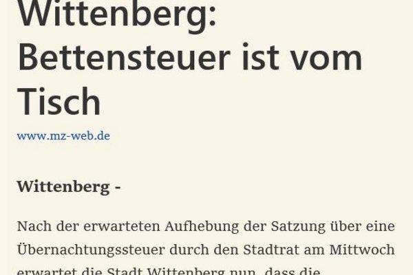Screenshot Artikelanfang Mitteldeutsche Zeitung Wittenberg zur Abschaffung der Bettensteuern.