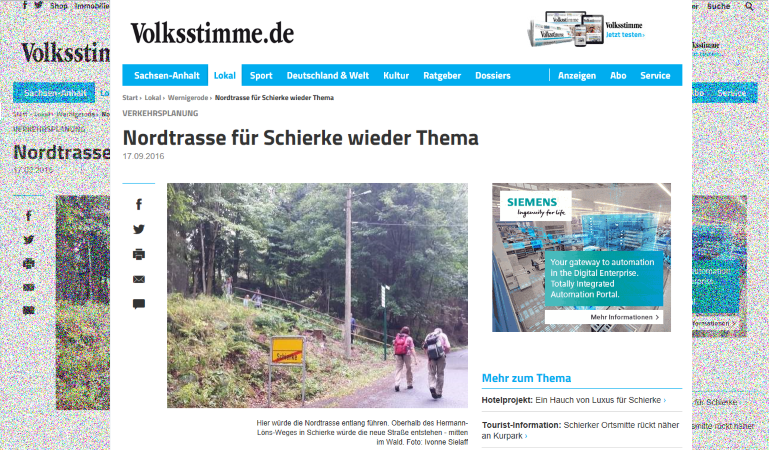 Screenshot Artikel Volksstimme zum Bau der Nordtrasse in Schierke.