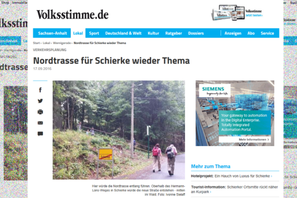 Screenshot Artikel Volksstimme zum Bau der Nordtrasse in Schierke.