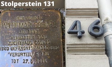 Fotomontage Stolperstein 131 Waldemar Böhmel und Hausnummer 46 in der Otto-von-Guericke-Str. 46.