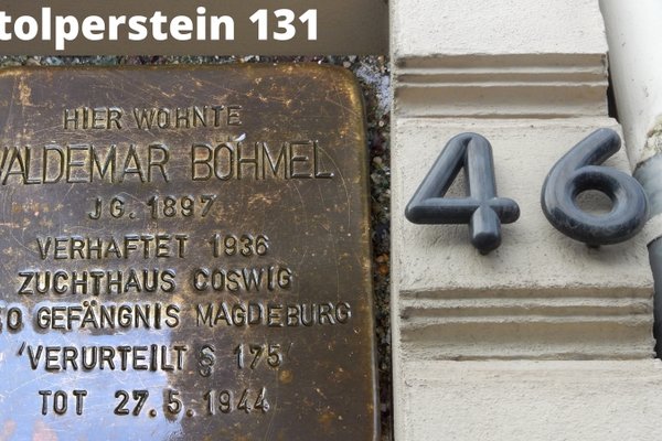 Fotomontage Stolperstein 131 Waldemar Böhmel und Hausnummer 46 in der Otto-von-Guericke-Str. 46.