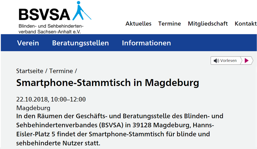 Foto vom Artikel vom über den Smartphone-Stammtisch auf der Seite des BSVSA.