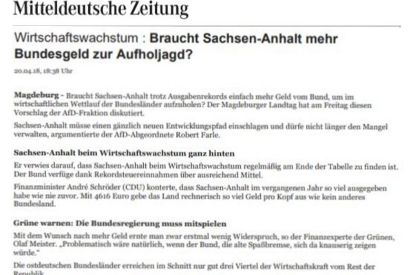 Artikel MZ zur Landtagsdebatte zu mehr Geld vom Bund.