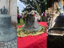 Die Glocke von Nohra: Links hinter der Johanneskirche in Magdeburg, Mitte Glocke in Nohra festlich geschmückt auf einer roten Unterlage und rechts beim Einschwecken in die geweitete Öffnung des Kirchturmes in Nohra.