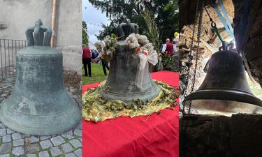 Die Glocke von Nohra: Links hinter der Johanneskirche in Magdeburg, Mitte Glocke in Nohra festlich geschmückt auf einer roten Unterlage und rechts beim Einschwecken in die geweitete Öffnung des Kirchturmes in Nohra.