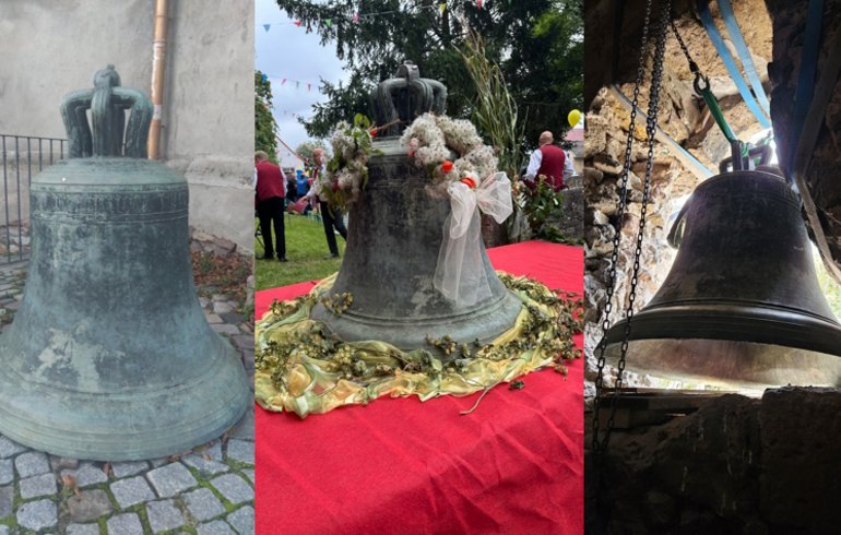 Die Glocke von Nohra: Links hinter der Johanneskirche in Magdeburg, Mitte Glocke in Nohra festlich geschmückt auf einer roten Unterlage und rechts beim Einschwecken in die geweitete Öffnung des Kirchturmes in Nohra.