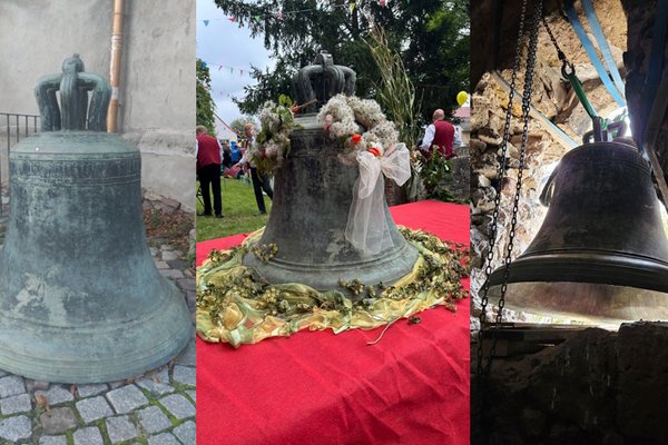 Die Glocke von Nohra: Links hinter der Johanneskirche in Magdeburg, Mitte Glocke in Nohra festlich geschmückt auf einer roten Unterlage und rechts beim Einschwecken in die geweitete Öffnung des Kirchturmes in Nohra.