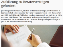 Screenshot Online-Artikel mdr.de zu den freihändig durch die Ministerien vergebenen Beraterverträge.