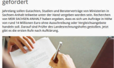 Screenshot Online-Artikel mdr.de zu den freihändig durch die Ministerien vergebenen Beraterverträge.