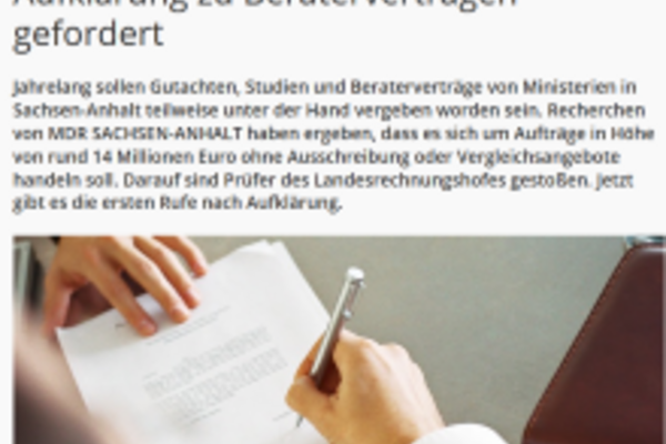 Screenshot Online-Artikel mdr.de zu den freihändig durch die Ministerien vergebenen Beraterverträge.