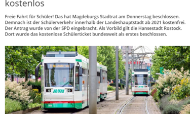 Screenshot Artikel MDR zum Stadtratsbeschluss zum kostenlosen Nahverkehr für Menschen bis 18 Jahre.