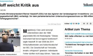 Screenshot volksstimme.de Artikel Haseloff vor IBG Untersuchungsausschuss.