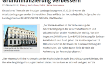 Screenshot Artikel hallespektrum.de zur Pressemitteilung von Olaf Meister - Thema Arbeitsbedingungen an Hochschulen verbessern.