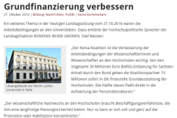 Screenshot Artikel hallespektrum.de zur Pressemitteilung von Olaf Meister - Thema Arbeitsbedingungen an Hochschulen verbessern.