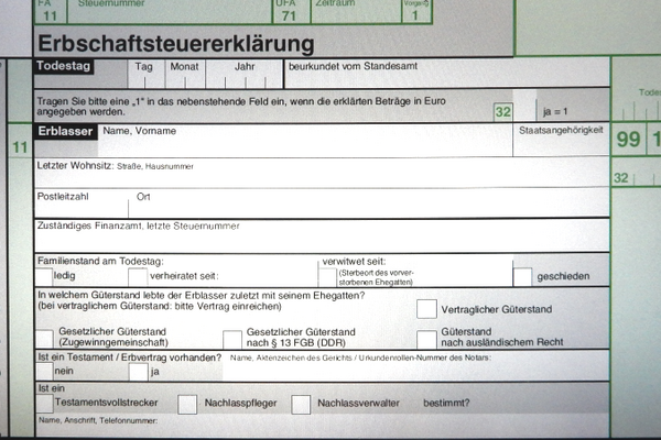 Titelseite Erbschaftssteuererklärung.