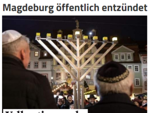 Screenshot Volksstimme-Artikel zum öffentlichen Entzünden des Chanukkalichtes in Magdeburg.