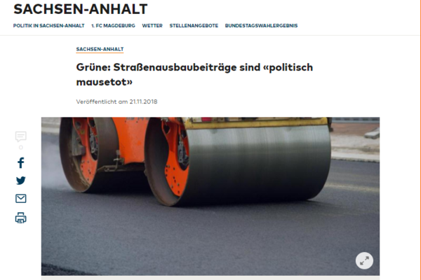 Screenshot Artikel Die Welt Gruene - Strassenausbaubeitraege mausetot.