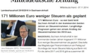 Screenshot MZ-Artikel 171 Millionen Euro weniger Steuereinnahmen.