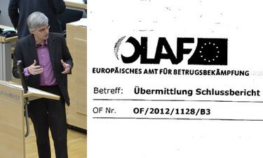 Fotomontage Olaf Meister im Plenarsaal und Titelblatt OLAF-Bericht.