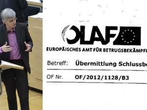 Fotomontage Olaf Meister im Plenarsaal und Titelblatt OLAF-Bericht.