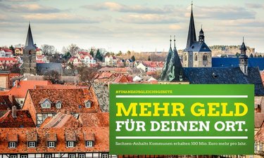 Sharepic Stadtsilouette mit grünem Infokasten Mehr Geld für deinen Ort.