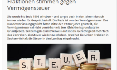 Screenshot Artikel MDR zum Antrag der Fraktion DIE LINKEN im Landtag zur Wiedereinführung der Vermögenssteuer.